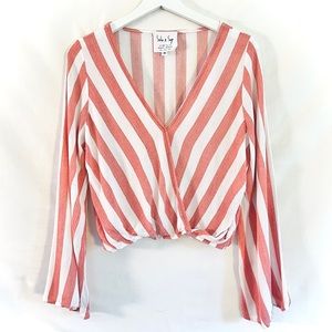 Sadie & Sage Coral & White Stripe Surplice Bell Sleeve Top Blouse — Small